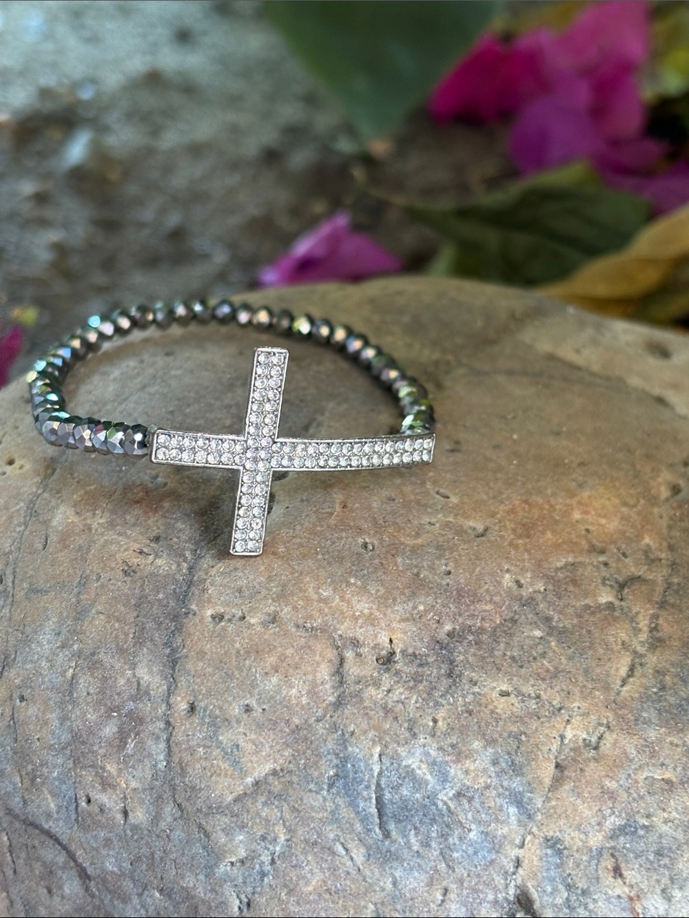 Sideways Custom Crystal💠Cross🩶 Stretch Bracelet